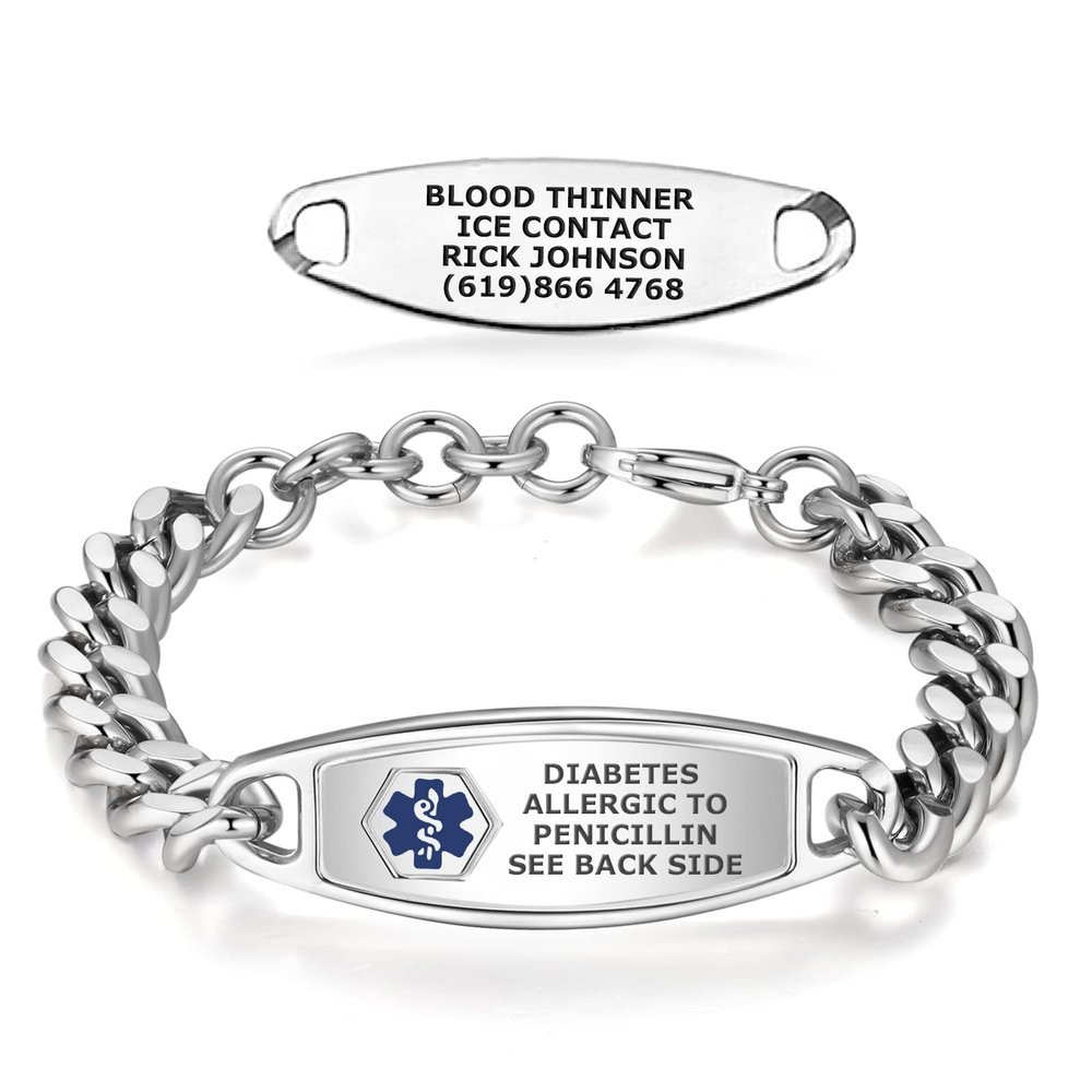 Divoti Medical Alert Bracelets for Men, Custom Engraved Steelman Medical ID Bracelet, w/Adjustable Large Curb Chain  Deep Blue