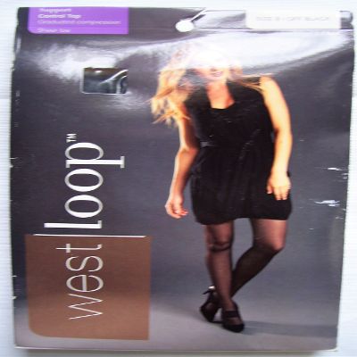 West Loop, Support Control Top Sheer Toe Pantyhose, Graduated Compression, Size B, Off Black