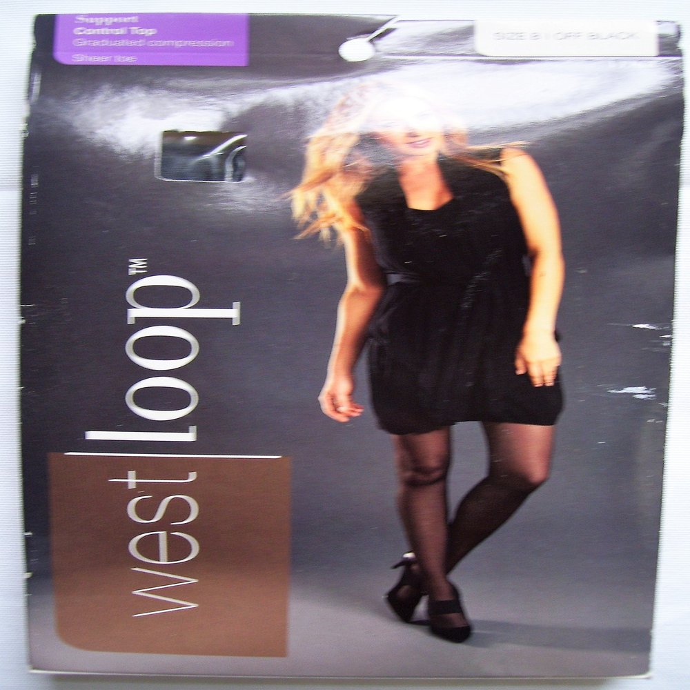 West Loop, Support Control Top Sheer Toe Pantyhose, Graduated Compression, Size B, Off Black