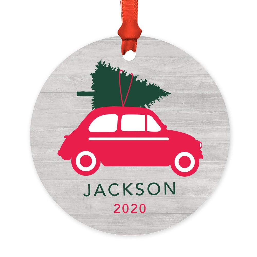 Andaz Press Personalized Round Metal Christmas Ornament, Car with Christmas Tree, 1-Pack, Includes Ribbon and Gift Bag, Custom Name
