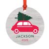 Andaz Press Personalized Round Metal Christmas Ornament, Car with Christmas Tree, 1-Pack, Includes Ribbon and Gift Bag, Custom Name view 1