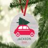 Andaz Press Personalized Round Metal Christmas Ornament, Car with Christmas Tree, 1-Pack, Includes Ribbon and Gift Bag, Custom Name view 2