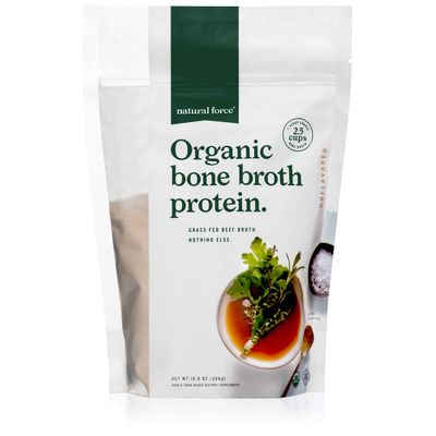 Natural Force - Pure Organic Bone Broth Protein Powder, Grass-Fed & Keto Certified, Types I, II & III Collagen, Unflavored, Perfect for Soups & Cooking, 10.8 oz