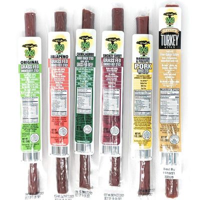 6 Flavor Variety Meat Sticks. No Added Nitrates, Gluten, Soy, MSG, Dairy or Nuts. 4, 100% Grass-fed Beef flavors, 1, Free-Range Turkey Flavor & 1, Natural Pork Flavor (4 of Each, 24-cnt, 1-oz Stick)