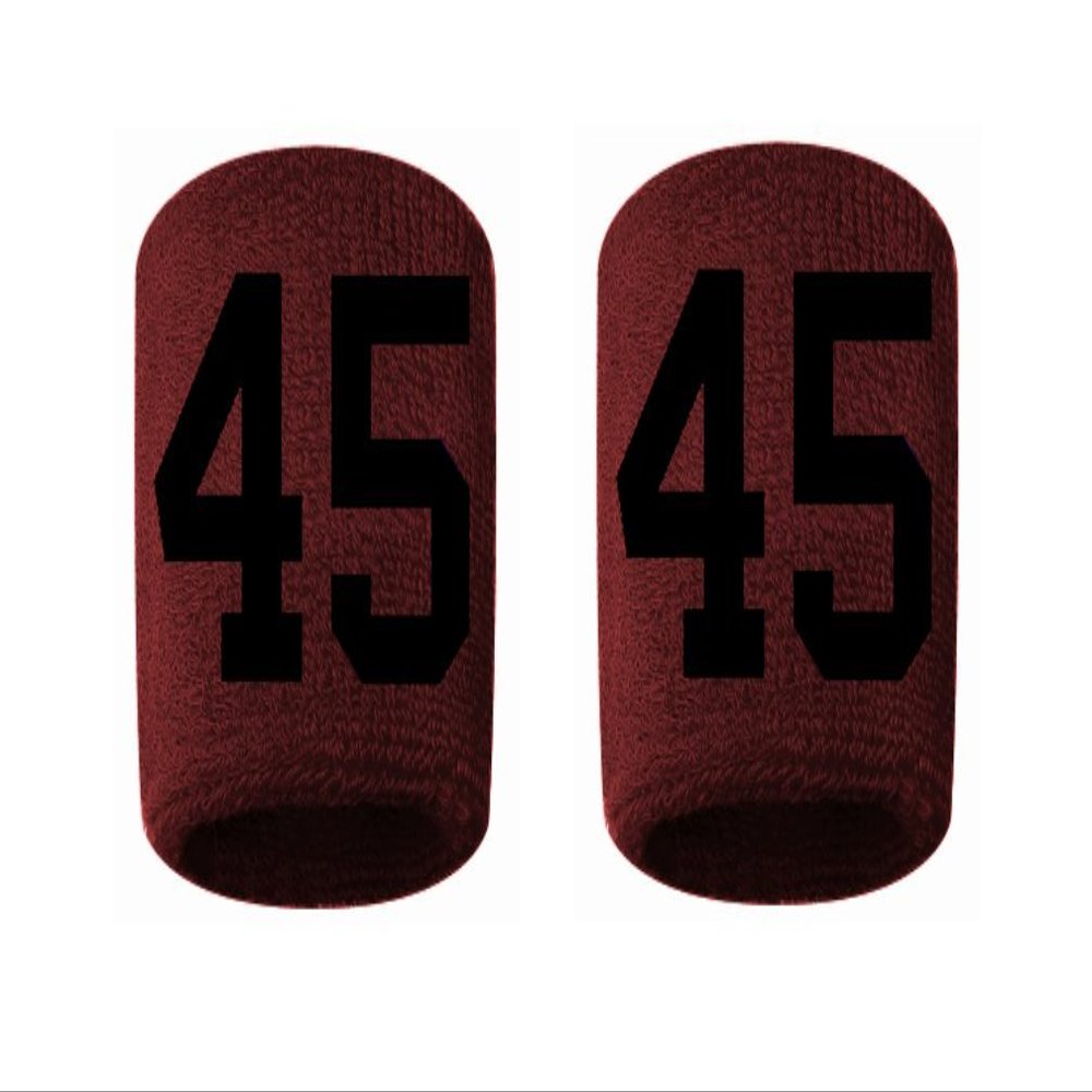 #45 Embroidered/Stitched Sweatband Wristband MAROON Sweat Band w/ BLACK Number (2 Pack)