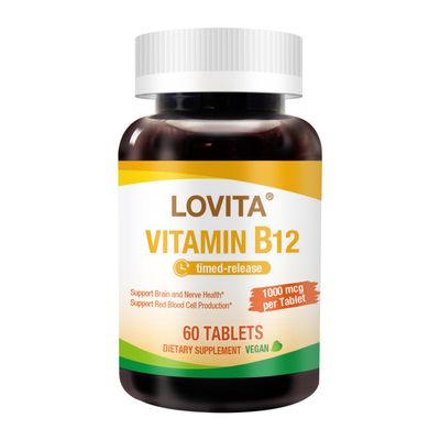 LOVITA Vitamin B12 1000 mcg (B12 Vitamins as Cyanocobalamin), Timed Release B12, Vegan-Friendly, Supports Nervous System, 60 Vegetarian Tablets (2 Month Supply)