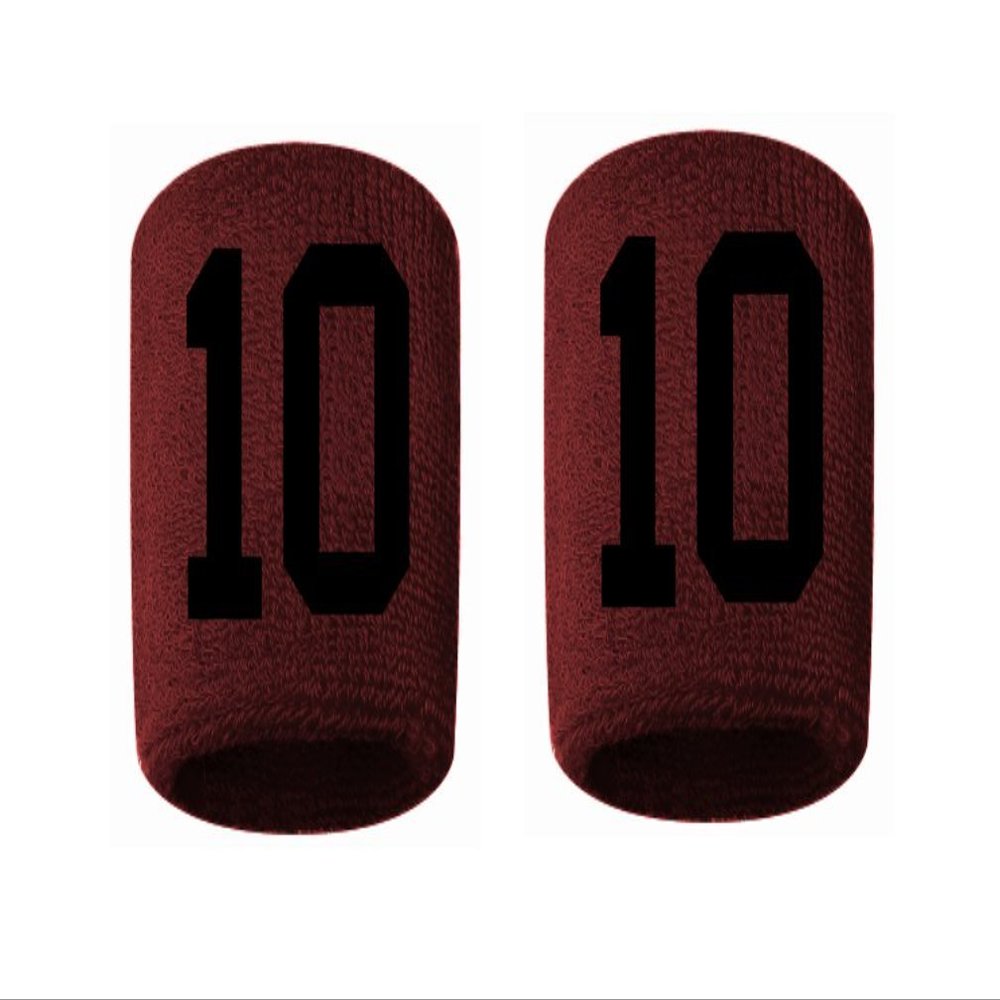 #10 Embroidered/Stitched Sweatband Wristband MAROON Sweat Band w/ BLACK Number (2 Pack)