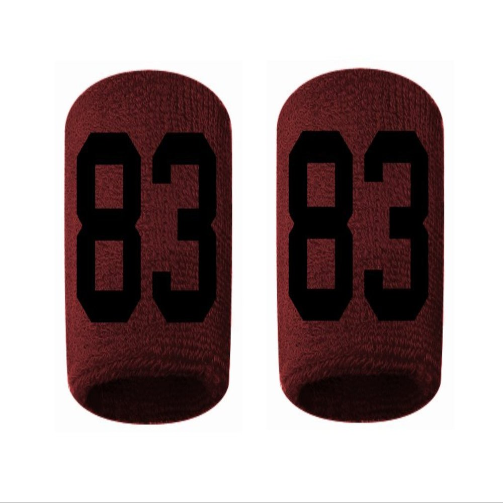 #83 Embroidered/Stitched Sweatband Wristband MAROON Sweat Band w/ BLACK Number (2 Pack)