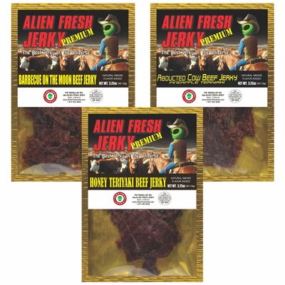 Alien Fresh Jerky - Sweetest Bundle of the Universe - Honey Teriyaki | BBQ on the Moon | Abducted Cow - Premium Beef - Low Calorie Snack - The Best Jerky In The Universe - Made In USA 3 Pack Sampler Set