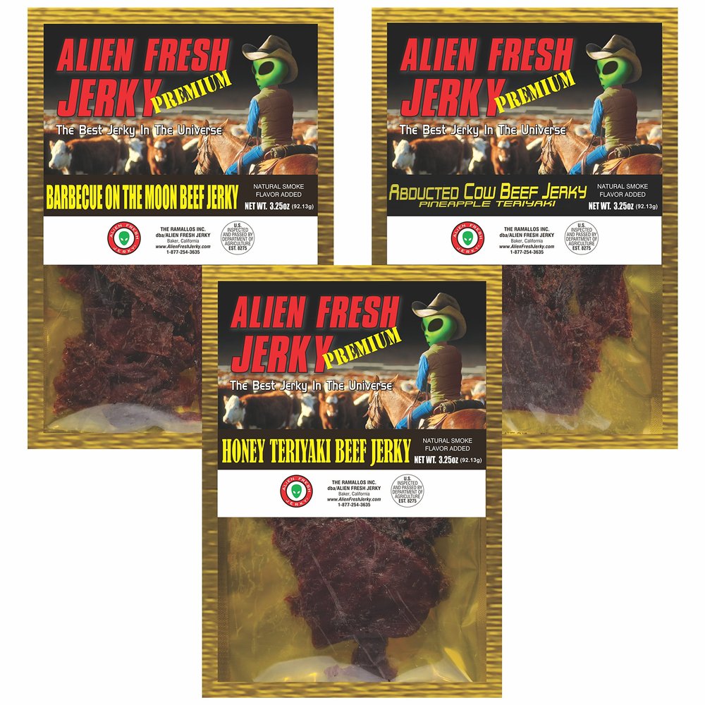 Alien Fresh Jerky - Sweetest Bundle of the Universe - Honey Teriyaki | BBQ on the Moon | Abducted Cow - Premium Beef - Low Calorie Snack - The Best Jerky In The Universe - Made In USA 3 Pack Sampler Set