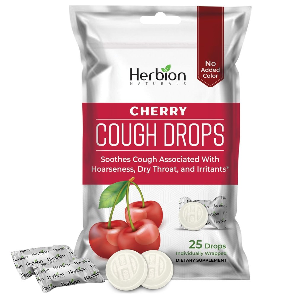 HERBION Naturals Cough Drops with Natural Cherry Flavor, Dietary Supplement, Soothes Cough, for Adults and Children Over 6 Years, 25 Drops, No Artificial Flavor, Pack of 1