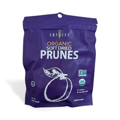 Amphora All Natural Organic Soft Dried Plums gluten free vegan kosher healthy snack prunes dried fruit, 6 Oz Each (Pack of 2)