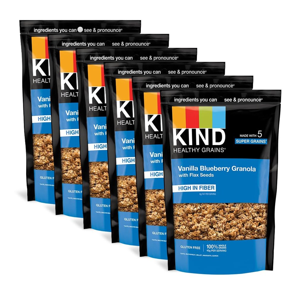 KIND Healthy Grains, Vanilla Blueberry Granola with Flax Seeds, Healthy Snacks, Gluten Free, 100% Whole Grains, 5g Protein, 11oz, 6 Count