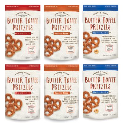 Everton Toffee Butter Toffee Pretzels, Variety Pack (4 oz. bag, 6-pack). Gourmet Artisan Toffee Covered Pretzels, Sweet and Salty Mini Pretzel Snacks, Small Batch Crafted