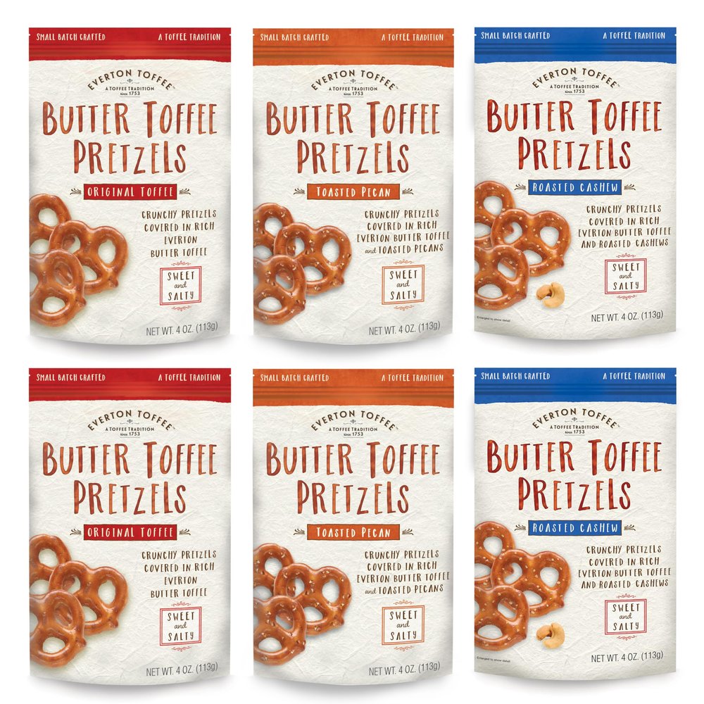 Everton Toffee Butter Toffee Pretzels, Variety Pack (4 oz. bag, 6-pack). Gourmet Artisan Toffee Covered Pretzels, Sweet and Salty Mini Pretzel Snacks, Small Batch Crafted
