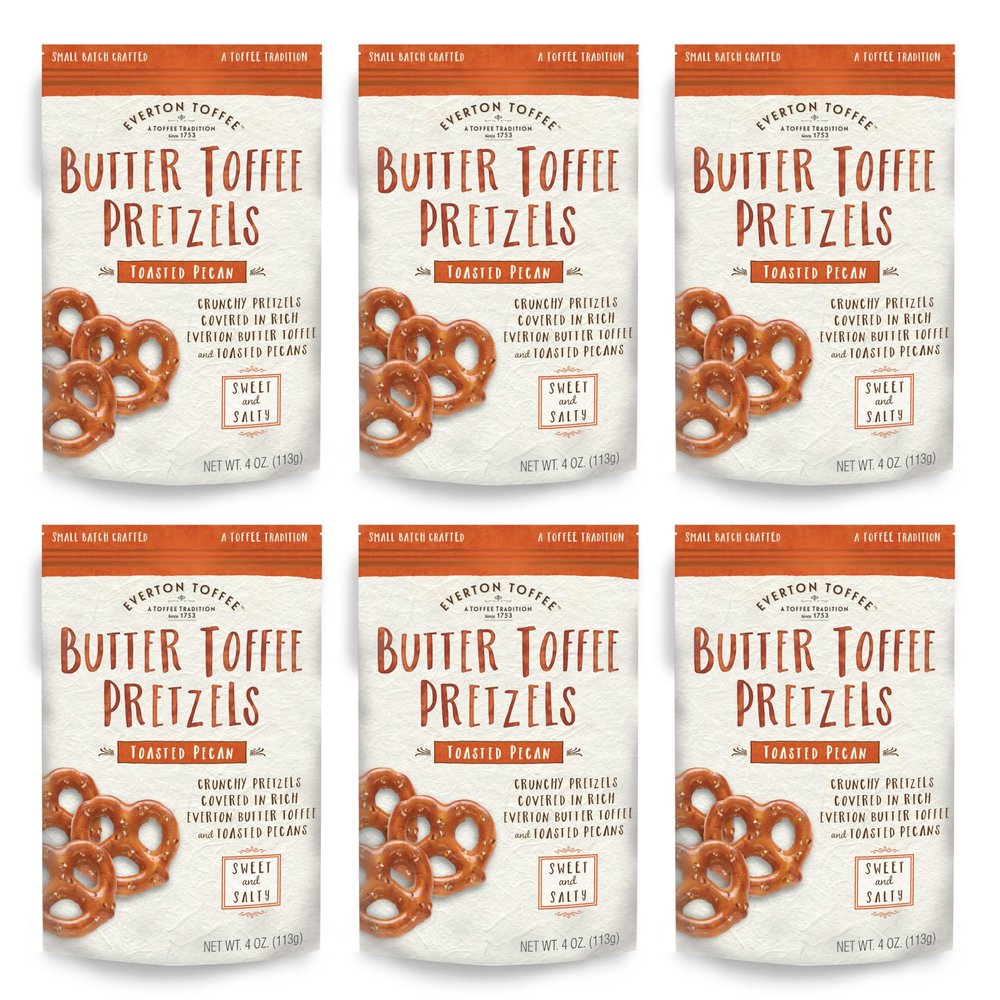 Everton Toffee Butter Toffee Pretzels, Toasted Pecan Flavor (4 oz. bag, 6-pack), Gourmet Artisan Toffee Covered Pretzels, Sweet and Salty Mini Pretzel Snacks, Small Batch Crafted