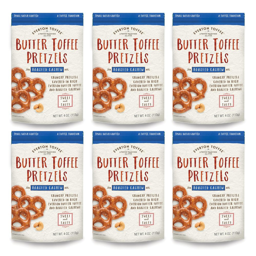 Everton Toffee Butter Toffee Pretzels, Roasted Cashew Flavor (4 oz. bag, 6-pack), Gourmet Artisan Toffee Covered Pretzels, Sweet and Salty Mini Pretzel Snacks, Small Batch Crafted