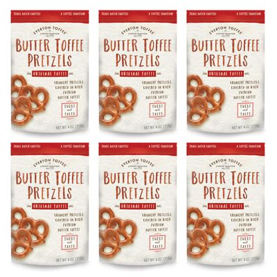 Everton Toffee Butter Toffee Pretzels, Original Toffee Flavor (4 oz. bag, 6-pack), Gourmet Artisan Toffee Covered Pretzels, Sweet and Salty Mini Pretzel Snacks, Small Batch Crafted