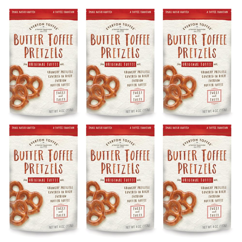 Everton Toffee Butter Toffee Pretzels, Original Toffee Flavor (4 oz. bag, 6-pack), Gourmet Artisan Toffee Covered Pretzels, Sweet and Salty Mini Pretzel Snacks, Small Batch Crafted