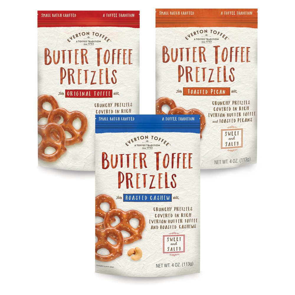 Everton Toffee Butter Toffee Pretzels, Variety Pack (4 oz. bag, 3-pack). Gourmet Artisan Toffee Covered Pretzels, Sweet and Salty Mini Pretzel Snacks, Small Batch Crafted