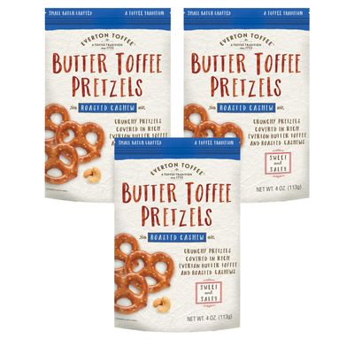 Everton Toffee Butter Toffee Pretzels, Roasted Cashew Flavor (4 oz. bag, 3-pack), Gourmet Artisan Toffee Covered Pretzels, Sweet and Salty Mini Pretzel Snacks, Small Batch Crafted