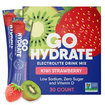 GoHydrate Instant Hydration Powder Packets - Low Sodium Electrolytes Drink Mix - Natural Hydration Support, Sugar Free Electrolyte Flavored Powder Drink with Vitamin D, 30 Packs, Kiwi Strawberry