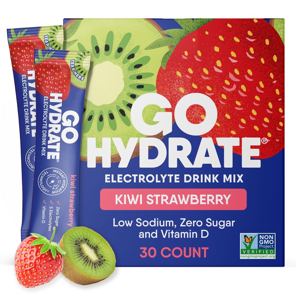 GoHydrate Instant Hydration Powder Packets - Low Sodium Electrolytes Drink Mix - Natural Hydration Support, Sugar Free Electrolyte Flavored Powder Drink with Vitamin D, 30 Packs, Kiwi Strawberry