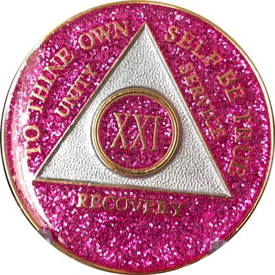 21 Year AA Medallion Glitter Pink Tri-Plate Chip XXI