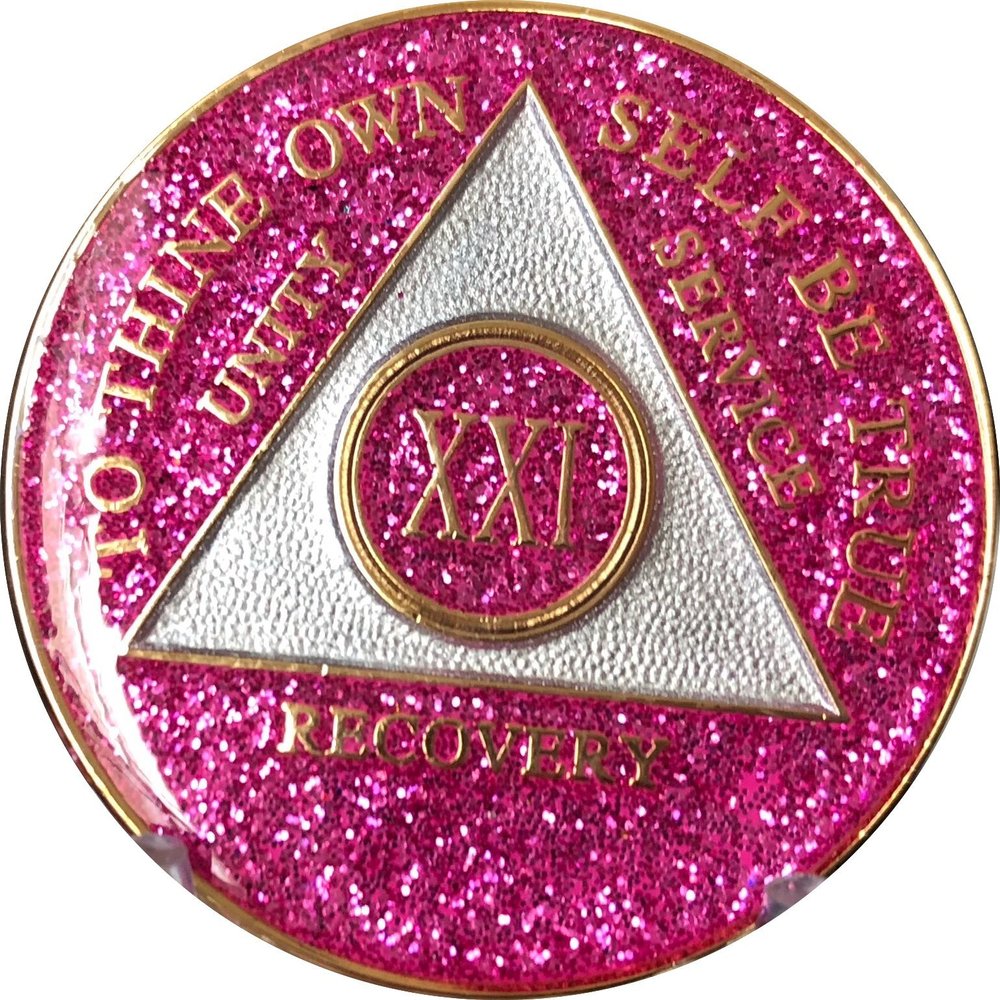 21 Year AA Medallion Glitter Pink Tri-Plate Chip XXI
