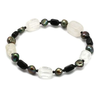 CrystalAge Black Onyx & Quartz Gemstone Bracelet with Green Freshwater Pearls