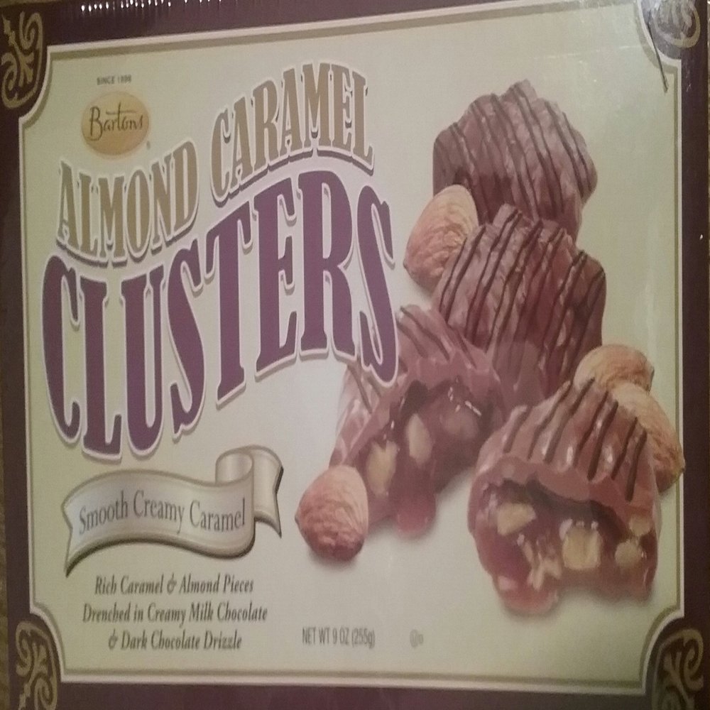 Bartons Almond Caramel Clusters "Smooth Creamy Caramel" (Rich Caramel & Almond Pieces Drenched In Creamy Milk Chocolate & Dark Chocolate Drizzle) 9 Oz. - Large Box!!!!!!!!!!!