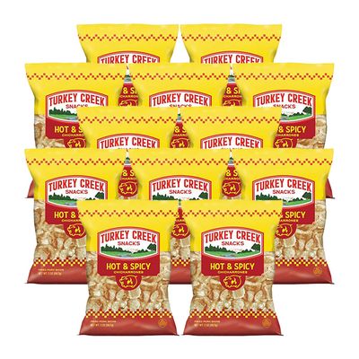 Turkey Creek - Americas Best Fried Pork Skins, offers a 12-Bag Straight Pack of its Hot Pork Rinds. These Pork Skin Chips(Chicharrones) are packed with Hot 12-2.0 oz bags.