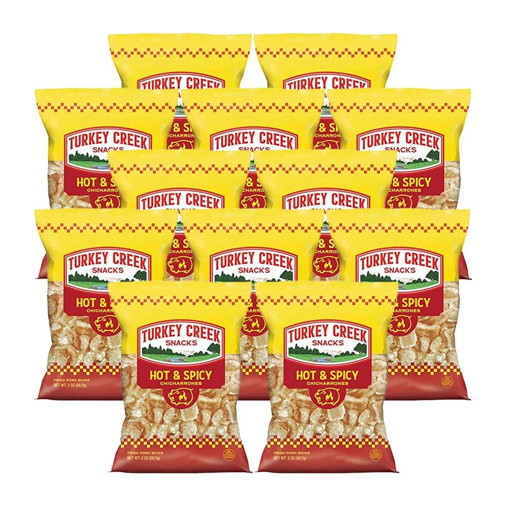 Turkey Creek - Americas Best Fried Pork Skins, offers a 12-Bag Straight Pack of its Hot Pork Rinds. These Pork Skin Chips(Chicharrones) are packed with Hot 12-2.0 oz bags.