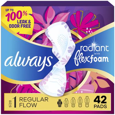 Always Radiant Feminine Pads for Women, Flexfoam Pads with Wings, Size 1, Regular Absorbency, Lightly Scented, 42 Count