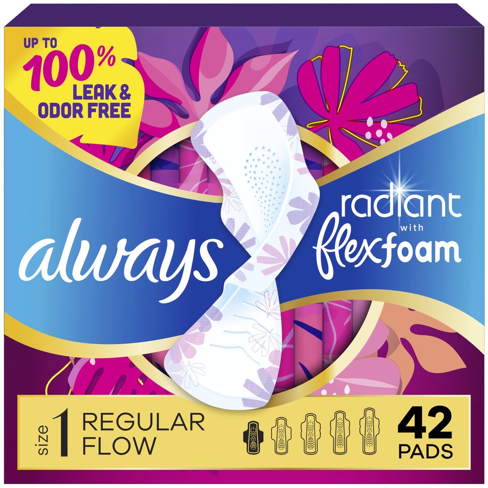 Always Radiant Feminine Pads for Women, Flexfoam Pads with Wings, Size 1, Regular Absorbency, Lightly Scented, 42 Count