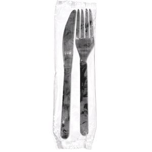 AmerCareRoyal 2-in-1 Disposable Silverware Heavy Weight Plastic Utensil Set with Fork and Knife - Individually Wrapped Cutlery Meal Kit, Black, Case of 1000