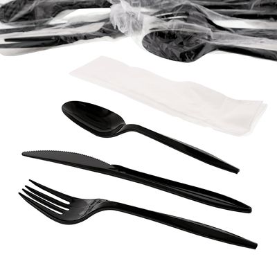 AmerCareRoyal 4-in-1 Disposable Silverware Medium Weight Plastic Utensil Set with Teaspoon, Fork, Knife and 12x13 inch Napkin - Individually Wrapped Cutlery Meal Kit, Black, Case of 250