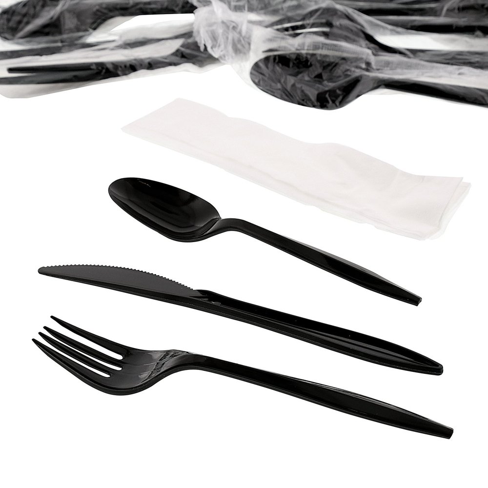 AmerCareRoyal 4-in-1 Disposable Silverware Medium Weight Plastic Utensil Set with Teaspoon, Fork, Knife and 12x13 inch Napkin - Individually Wrapped Cutlery Meal Kit, Black, Case of 250