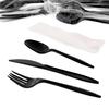 AmerCareRoyal 4-in-1 Disposable Silverware Medium Weight Plastic Utensil Set with Teaspoon, Fork, Knife and 12x13 inch Napkin - Individually Wrapped Cutlery Meal Kit, Black, Case of 250 view 1