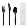 AmerCareRoyal 4-in-1 Disposable Silverware Medium Weight Plastic Utensil Set with Teaspoon, Fork, Knife and 12x13 inch Napkin - Individually Wrapped Cutlery Meal Kit, Black, Case of 250 view 3