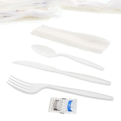 AmerCareRoyal 6-in-1 Disposable Silverware Heavy Weight Plastic Utensil Set with Teaspoon, Fork, Knife, Salt & Pepper Packets, 13x17 Napkin - Individually Wrapped Cutlery Meal Kit, White, Case of 250
