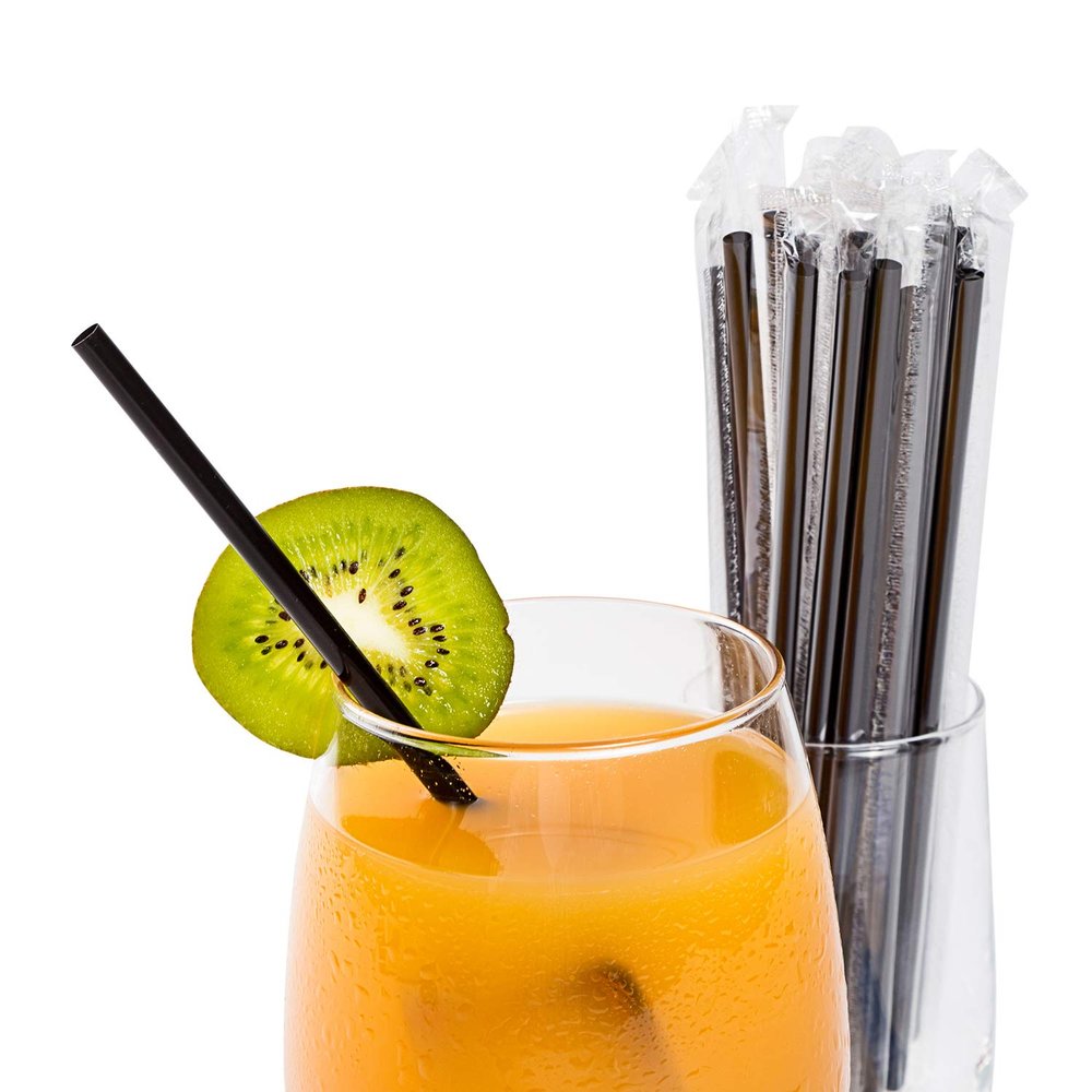 AmerCare 7.75 Inch Jumbo Black Poly Wrapped Straws, Case of 12,000