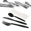AmerCareRoyal 4-in-1 Disposable Silverware Heavy Weight Plastic Utensil Set with Soup Spoon, Fork, Knife and 13x17 inch Napkin - Individually Wrapped Cutlery Meal Kit, Black, Case of 250 view 1