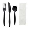 AmerCareRoyal 4-in-1 Disposable Silverware Heavy Weight Plastic Utensil Set with Soup Spoon, Fork, Knife and 13x17 inch Napkin - Individually Wrapped Cutlery Meal Kit, Black, Case of 250 view 3
