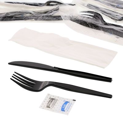 AmerCareRoyal 5-in-1 Disposable Silverware Heavy Duty Plastic Utensil Set with Fork, Knife, Salt & Pepper Packets, 13x17 inch 2-ply Napkin - Individually Wrapped Cutlery Meal Kit, Black, Case of 500