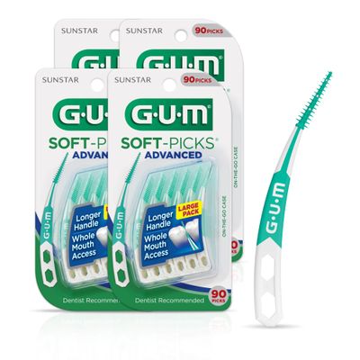 GUM Soft-Picks Advanced, Easy to Use Dental Picks for Teeth Cleaning Health, Disposable Interdental Brushes with Convenient Carry Case, Dentist Recommended Dental Picks, 90ct (4pk)