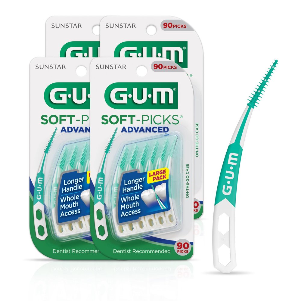 GUM Soft-Picks Advanced, Easy to Use Dental Picks for Teeth Cleaning Health, Disposable Interdental Brushes with Convenient Carry Case, Dentist Recommended Dental Picks, 90ct (4pk)