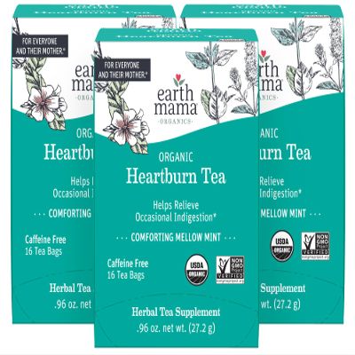 Earth Mama Organic Heartburn Tea | Pregnancy-Safe Soothing Herbal Blend with Marshmallow Root, Lemon Balm & Chamomile, 16 Teabags Per Box (3-Pack)
