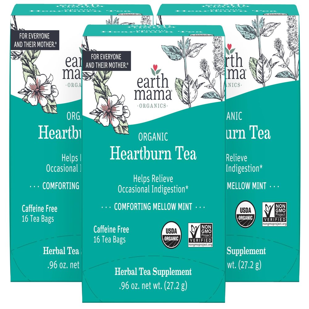 Earth Mama Organic Heartburn Tea | Pregnancy-Safe Soothing Herbal Blend with Marshmallow Root, Lemon Balm & Chamomile, 16 Teabags Per Box (3-Pack)