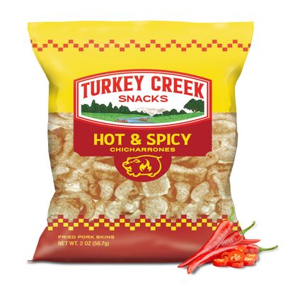 Turkey Creek Hot & Spicy Chicharrones, Fried Pork Rinds - Spicy Flavored Pork Skins - Low Carb, Gluten-Free, Protein Snack - 2oz (Pack of 12)